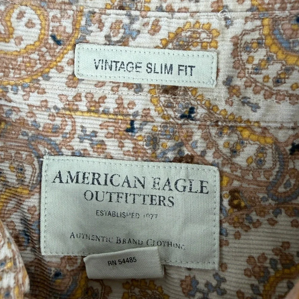 American Eagle Shirt Mens L Tan Paisley Corduroy Vintage Western Pearl Snap - Picture 3 of 11